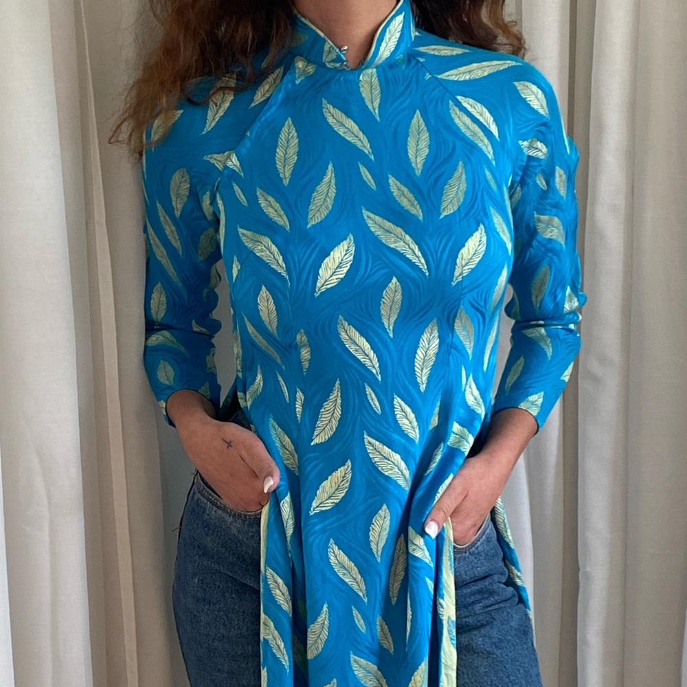 Turquoise and Gold Leaf Vietnamese Ao Dai